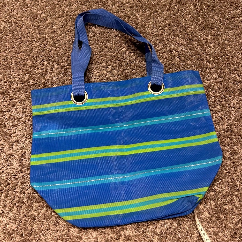 Blue Striped Tote Bag with Silver Accents and Webbing Handles Cute